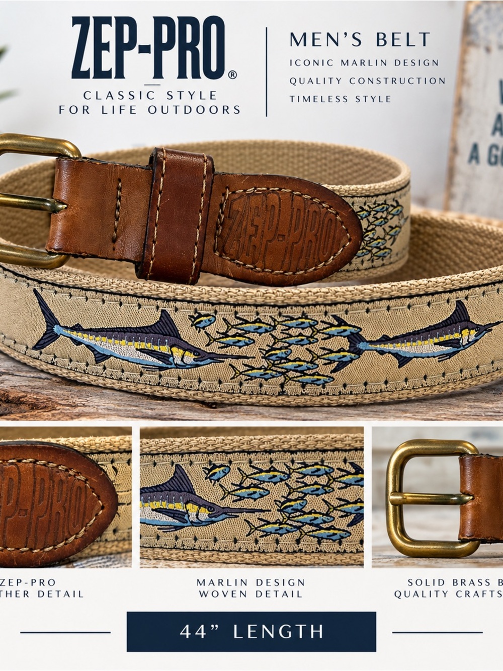 Zep Pro Men's Beige Canvas Belt with Brown Leather Trim and Marlin Embroidery